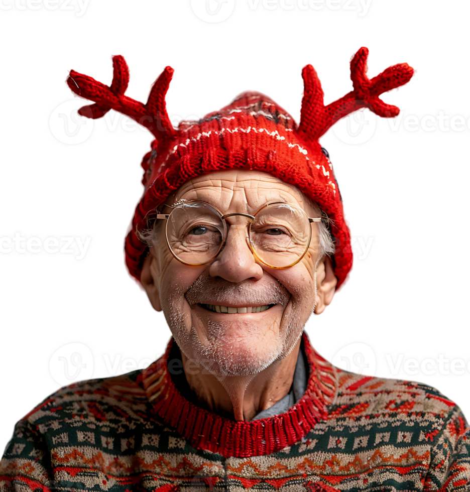 Happy smiling young old man wearing red Christmas reindeer on isolated transparent background png