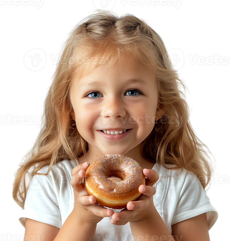 Smiling child girl holding yummy donut on isolated transparent background png