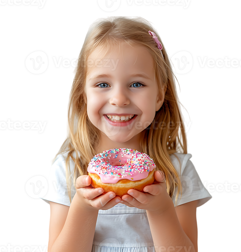 Smiling child girl holding yummy donut on isolated transparent background png