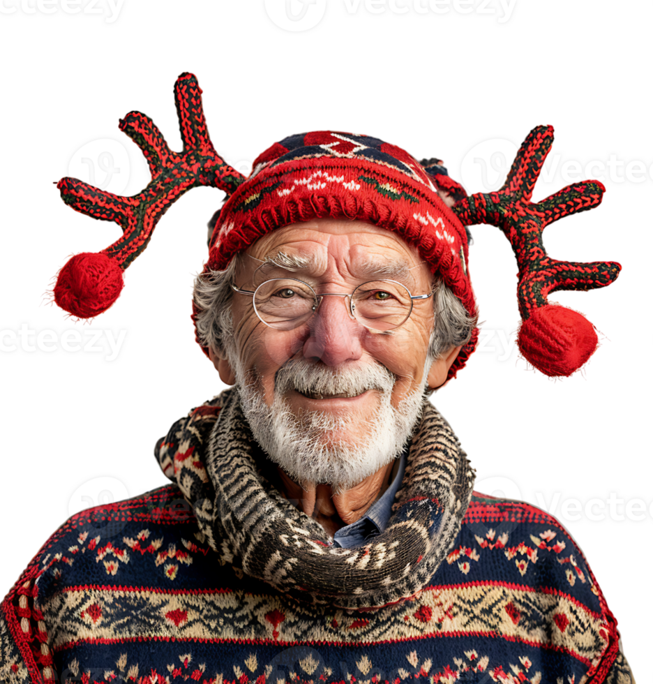 Happy smiling young old man wearing red Christmas reindeer on isolated transparent background png