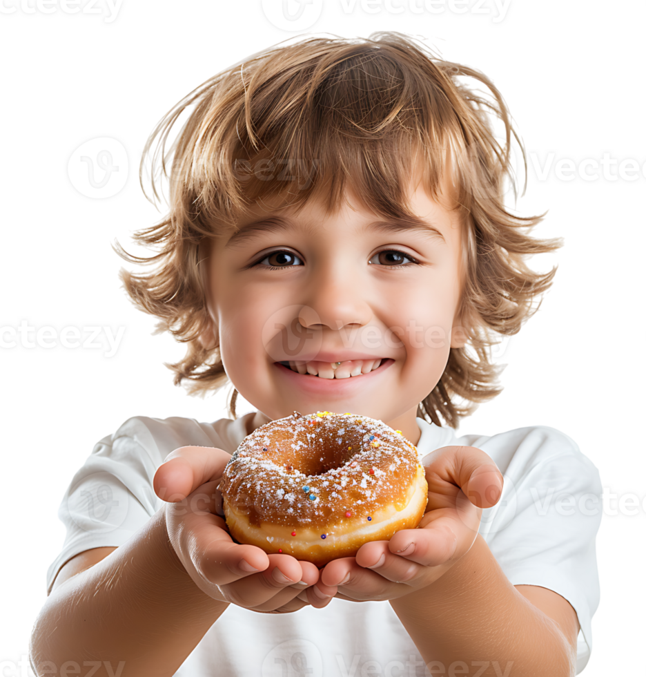 Smiling child boy holding yummy donut on isolated transparent background png