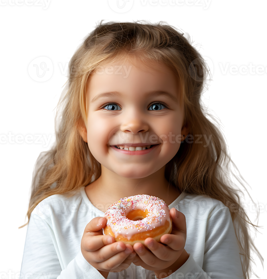 Smiling child girl holding yummy donut on isolated transparent background png