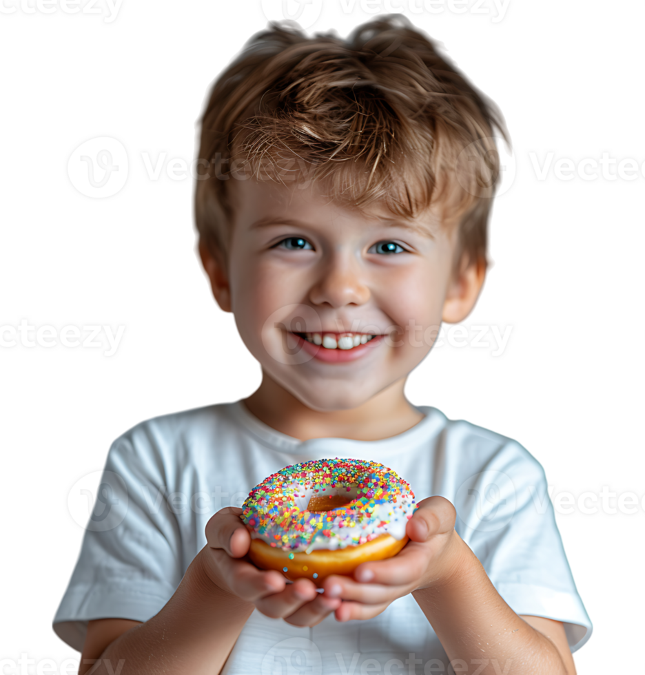 Smiling child boy holding yummy donut on isolated transparent background png