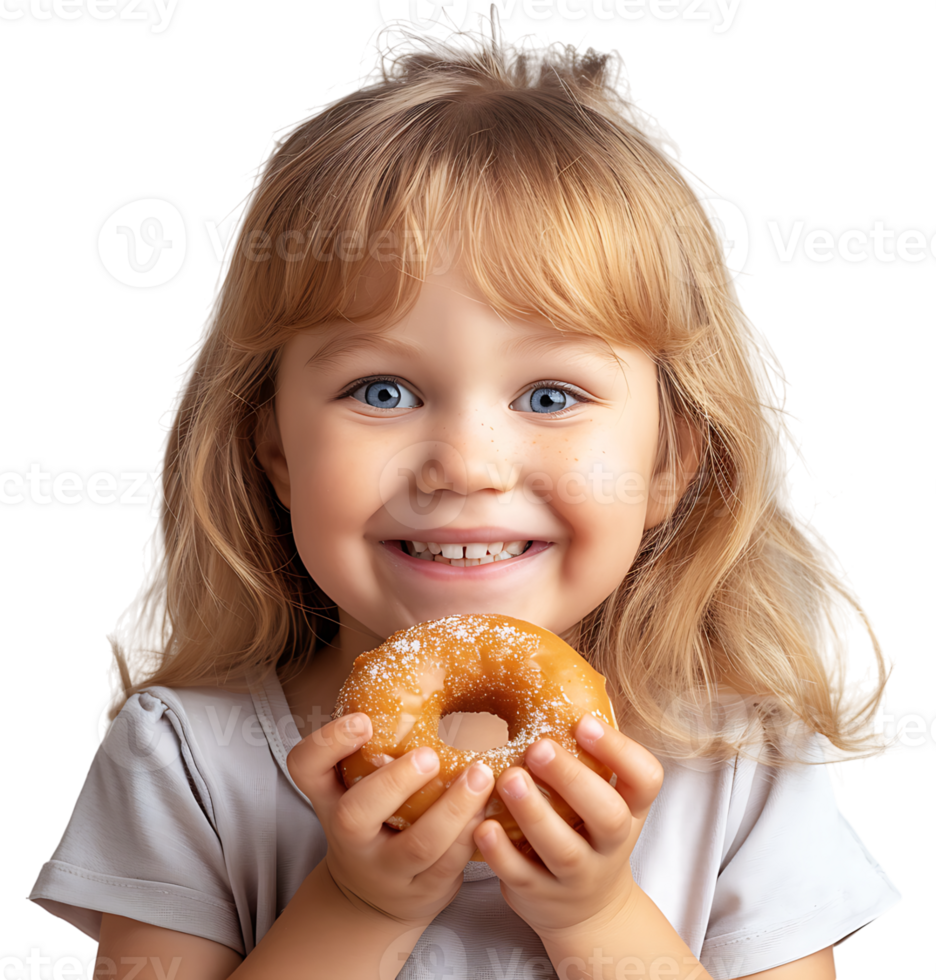 Smiling child girl holding yummy donut on isolated transparent background png