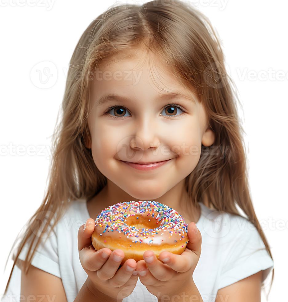 Smiling child girl holding yummy donut on isolated transparent background png