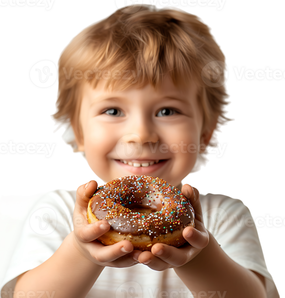 Smiling child boy holding yummy donut on isolated transparent background png