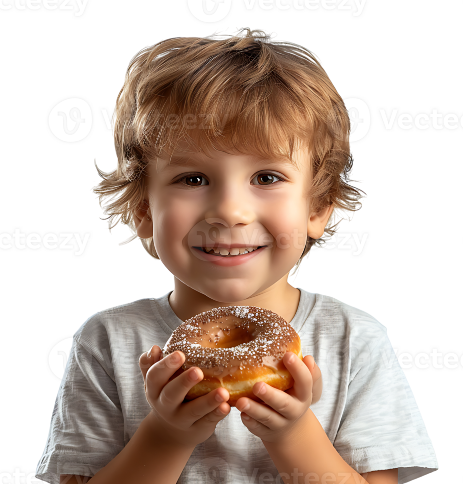Smiling child boy holding yummy donut on isolated transparent background png