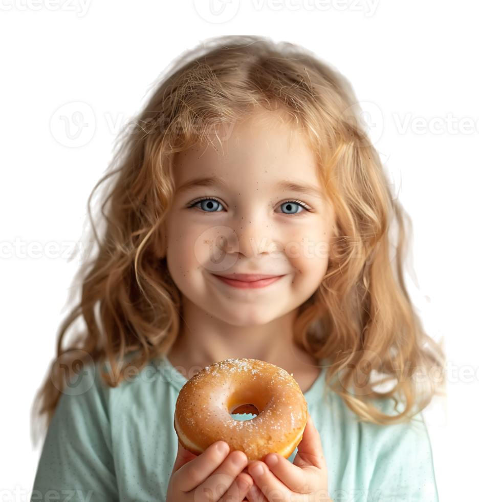 Smiling child girl holding yummy donut on isolated transparent background png