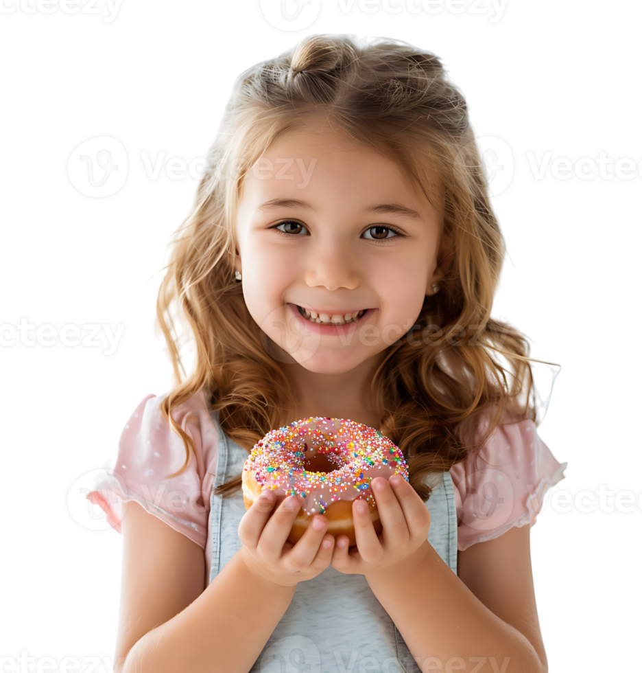 Smiling child girl holding yummy donut on isolated transparent background png