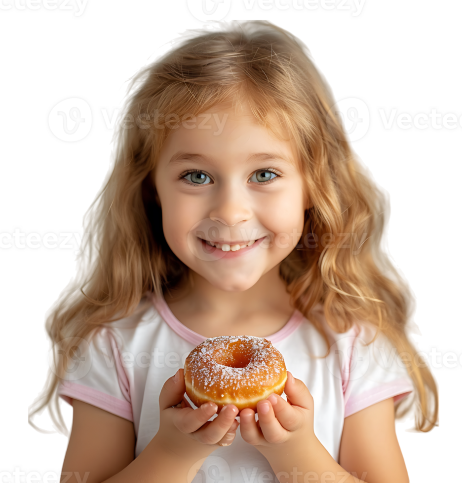 Smiling child girl holding yummy donut on isolated transparent background png