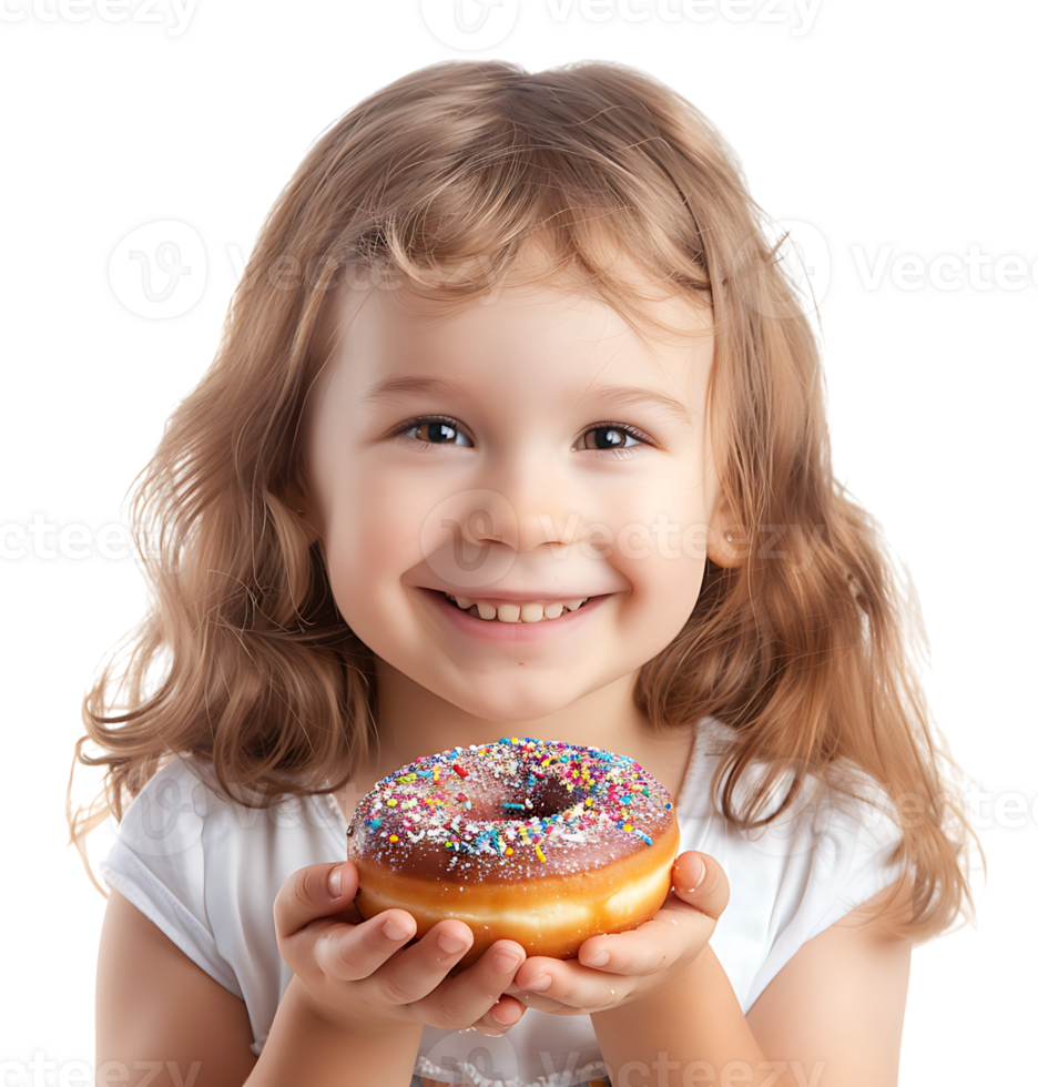 Smiling child girl holding yummy donut on isolated transparent background png