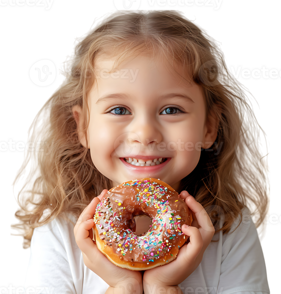 Smiling child girl holding yummy donut on isolated transparent background png