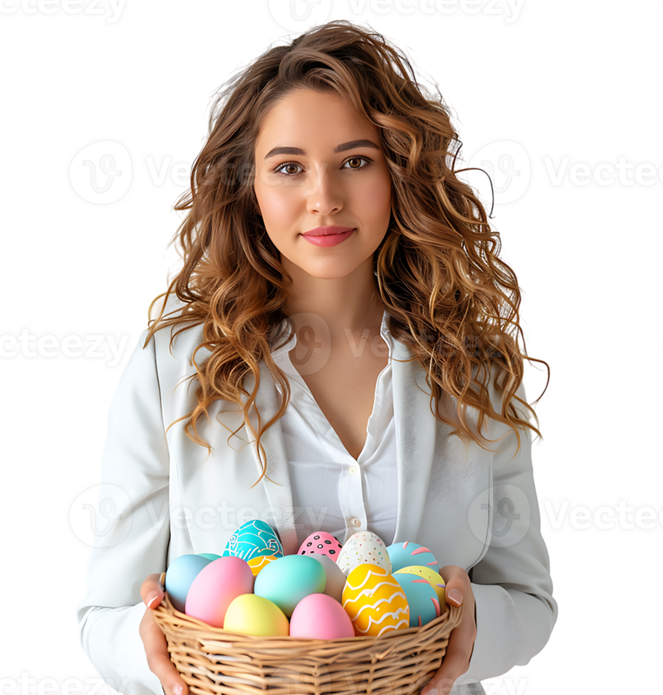 Happy Easter. Portrait of a pretty girl with a basket of eastern eggs standing on isolated transparent background png