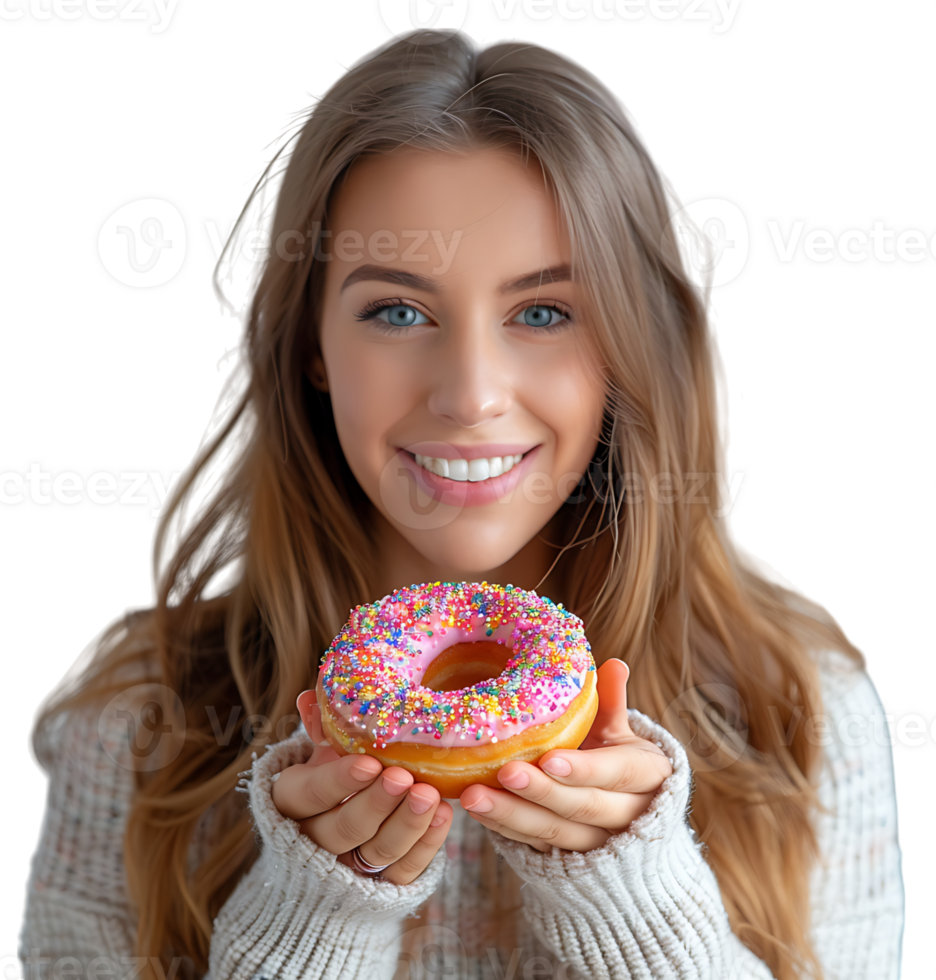 Smiling young girl holding yummy donut on isolated transparent background png