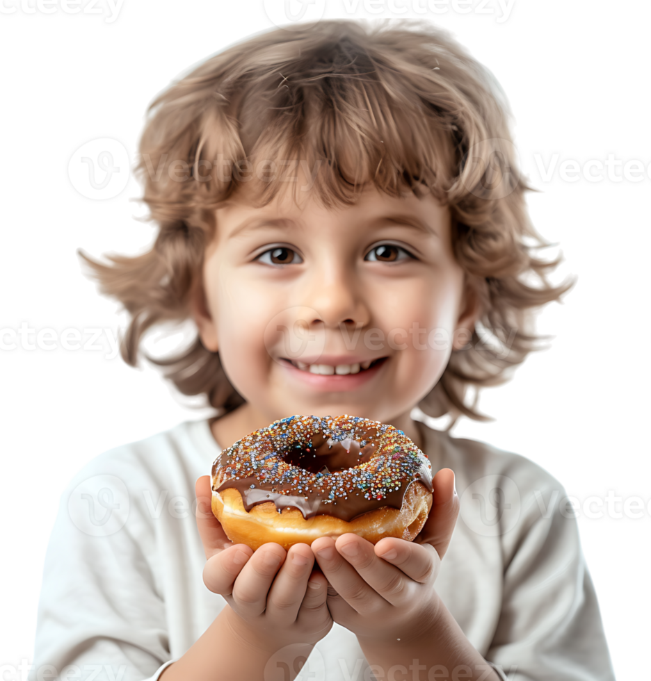 Smiling child boy holding yummy donut on isolated transparent background png