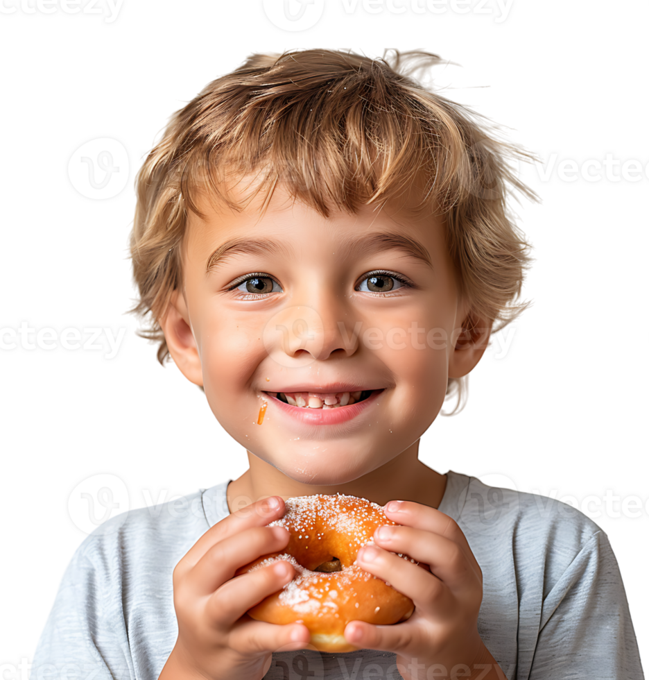 Smiling child boy holding yummy donut on isolated transparent background png