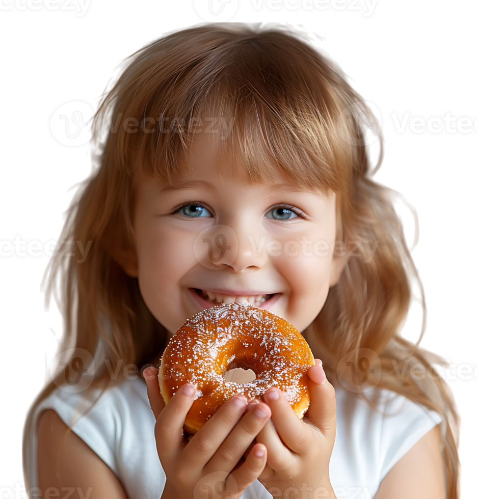 Smiling child girl holding yummy donut on isolated transparent background png