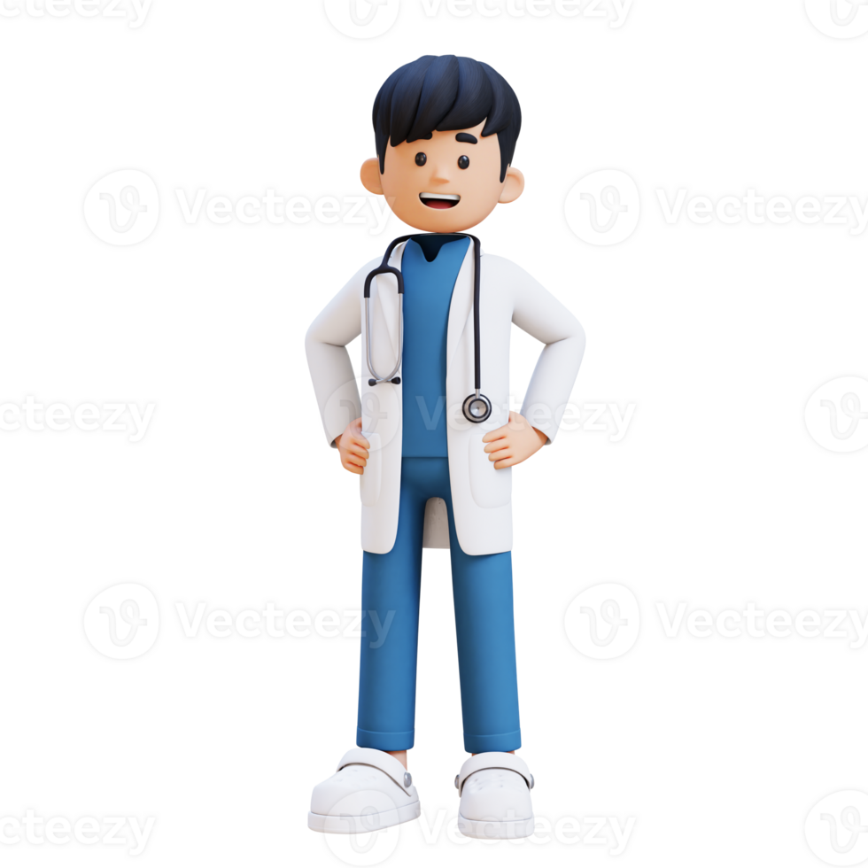 3D Doctor Character Standing with Hand on Hip. Suitable for Medical content png