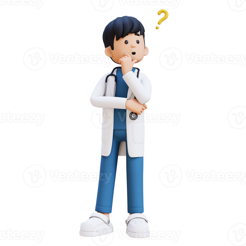 3D Doctor Character Confused and Thinking Pose. Suitable for Medical content png