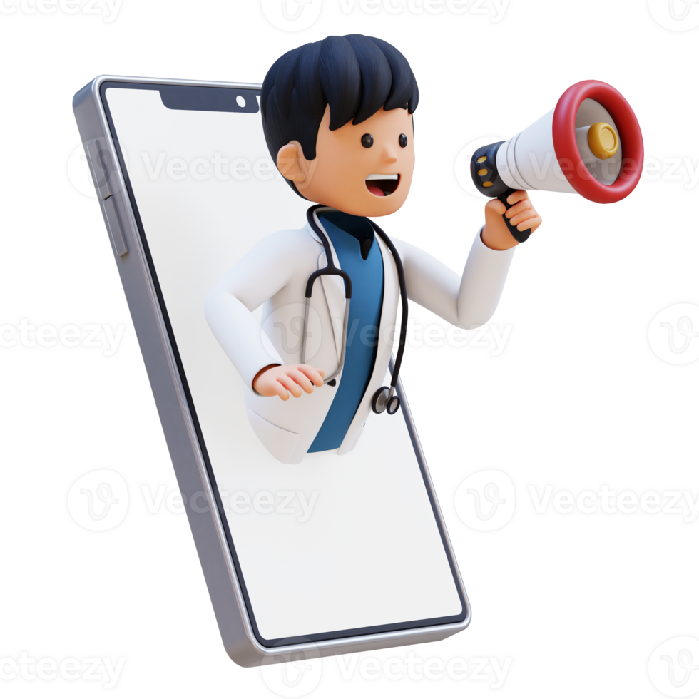 3D Doctor Character Jump from Phone Screen with Megaphone. Suitable for Medical content png