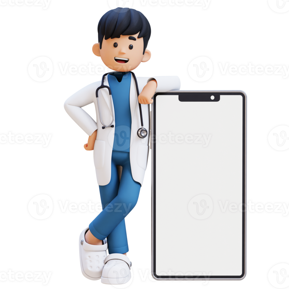 3D Doctor Character Lying on Large Empty Phone Screen. Suitable for Medical content png