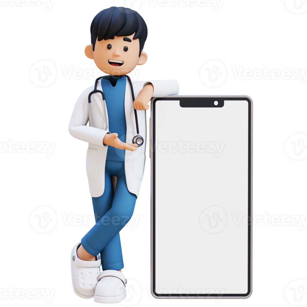 3D Doctor Character Presenting and Lying on Big Empty Phone Screen. Suitable for Medical content png
