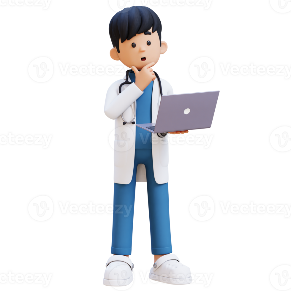 3D Doctor Character Thinking While Working on a Laptop. Suitable for Medical content png