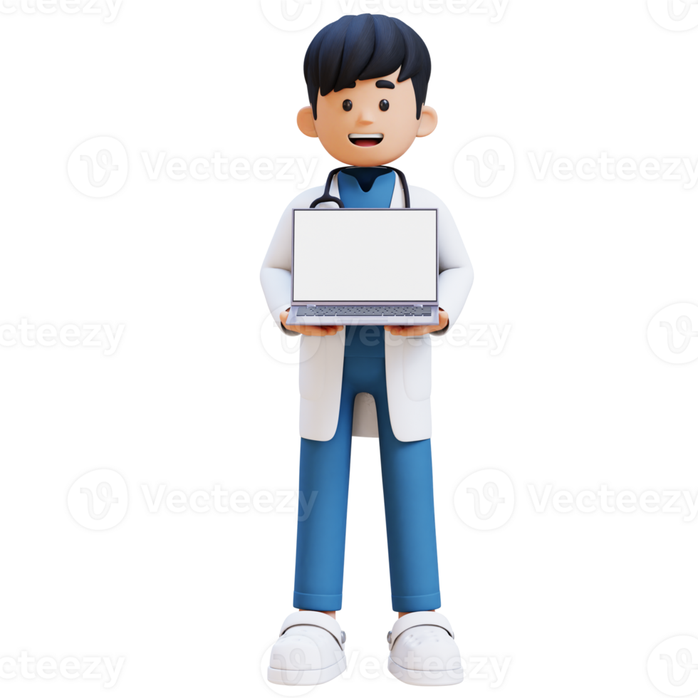 3D Doctor Character Holding Laptop with Empty Screen. Suitable for Medical content png