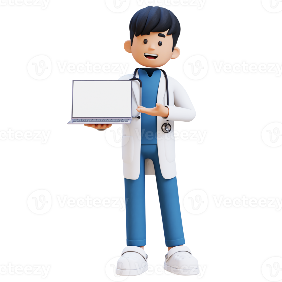 3D Doctor Character Presenting on Empty Computer Screen. Suitable for Medical content png