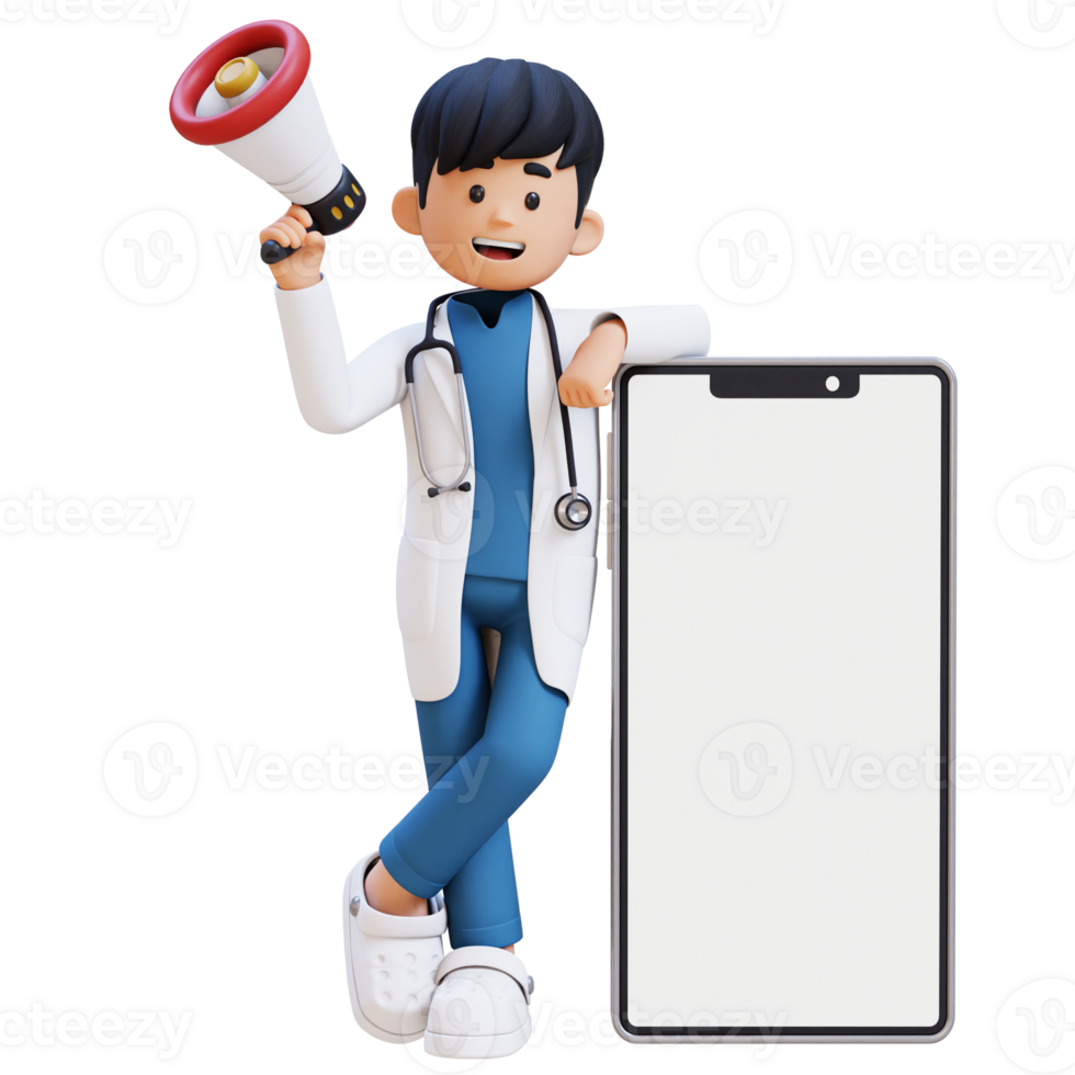 3D Doctor Character Holding Megaphone and Lying on Big Empty Phone Screen. Suitable for Medical content png