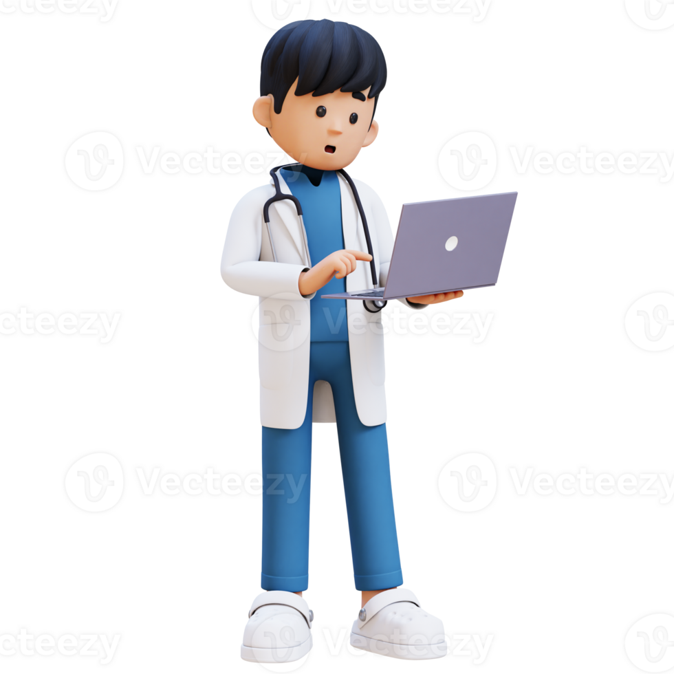 3D Doctor Character Working on a Laptop. Suitable for Medical content png
