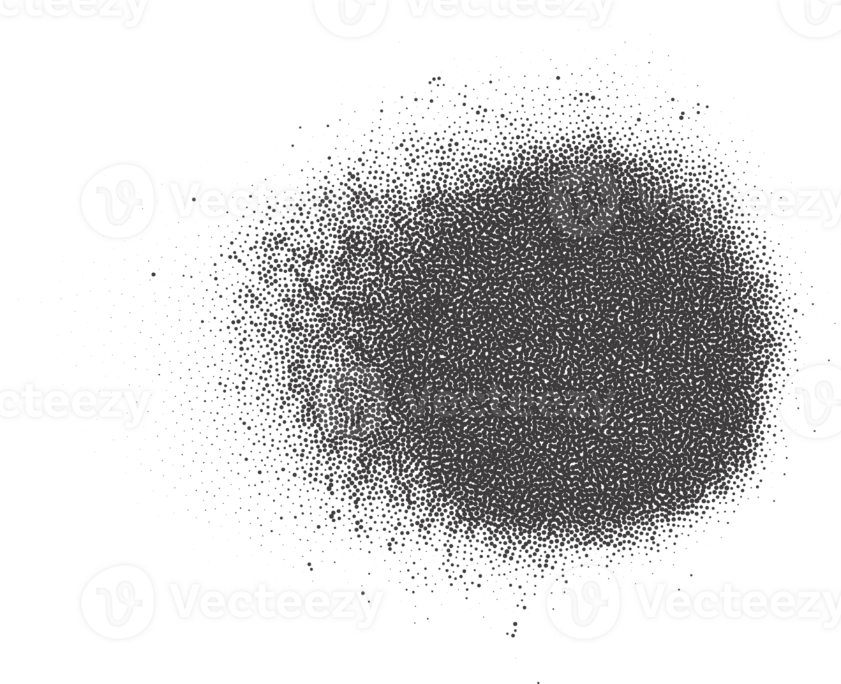 Halftone dotted circle shape. Stipple blob. Noisy abstract design element with grainy shadow texture. Random organic fluid. png