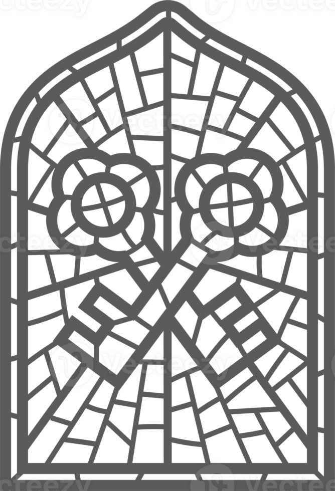Church glass window. Gothic arch frame with medieval symbol. Vintage architecture element. Stained mosaic decoration with keys png