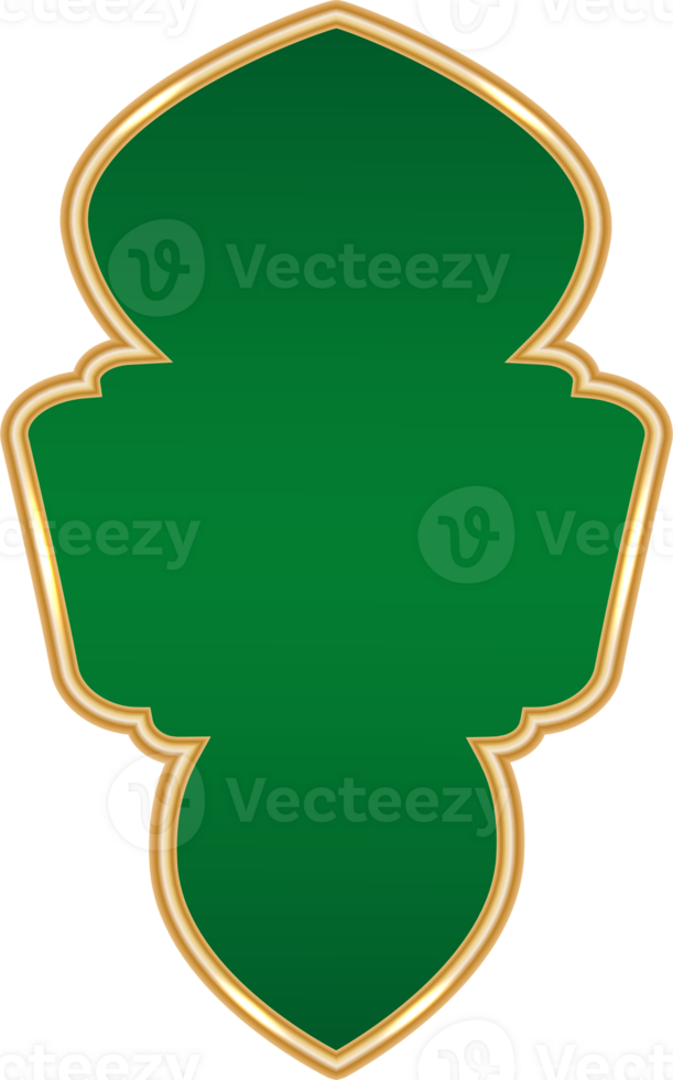 Ramadan golden shape. Islamic and Indian arch Arabic design element with green background. Luxury badge for Muslim banner and Turkish oriental window. png