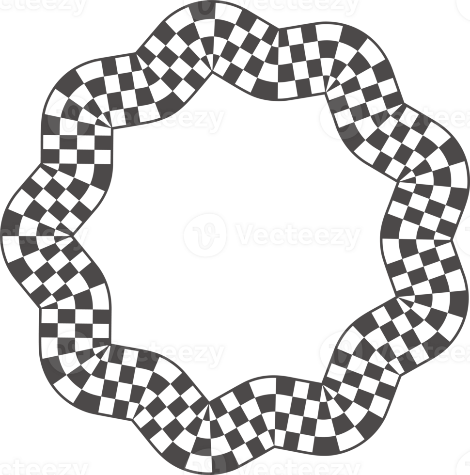 Checker border in flower star shape. Frame with black and white chess squares. Y2k groovy element. png