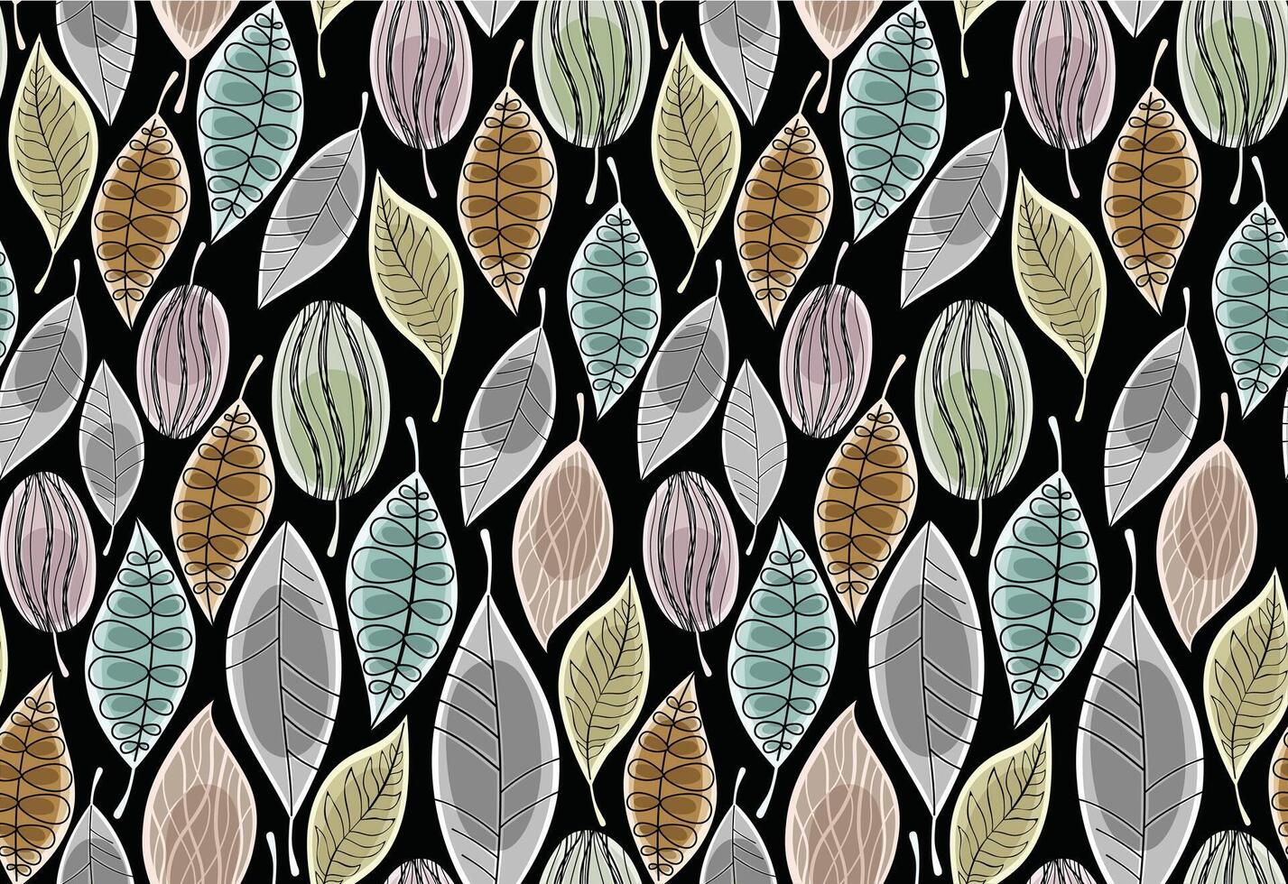Leaves of different colors, shapes and sizes on a black seamless background. vector