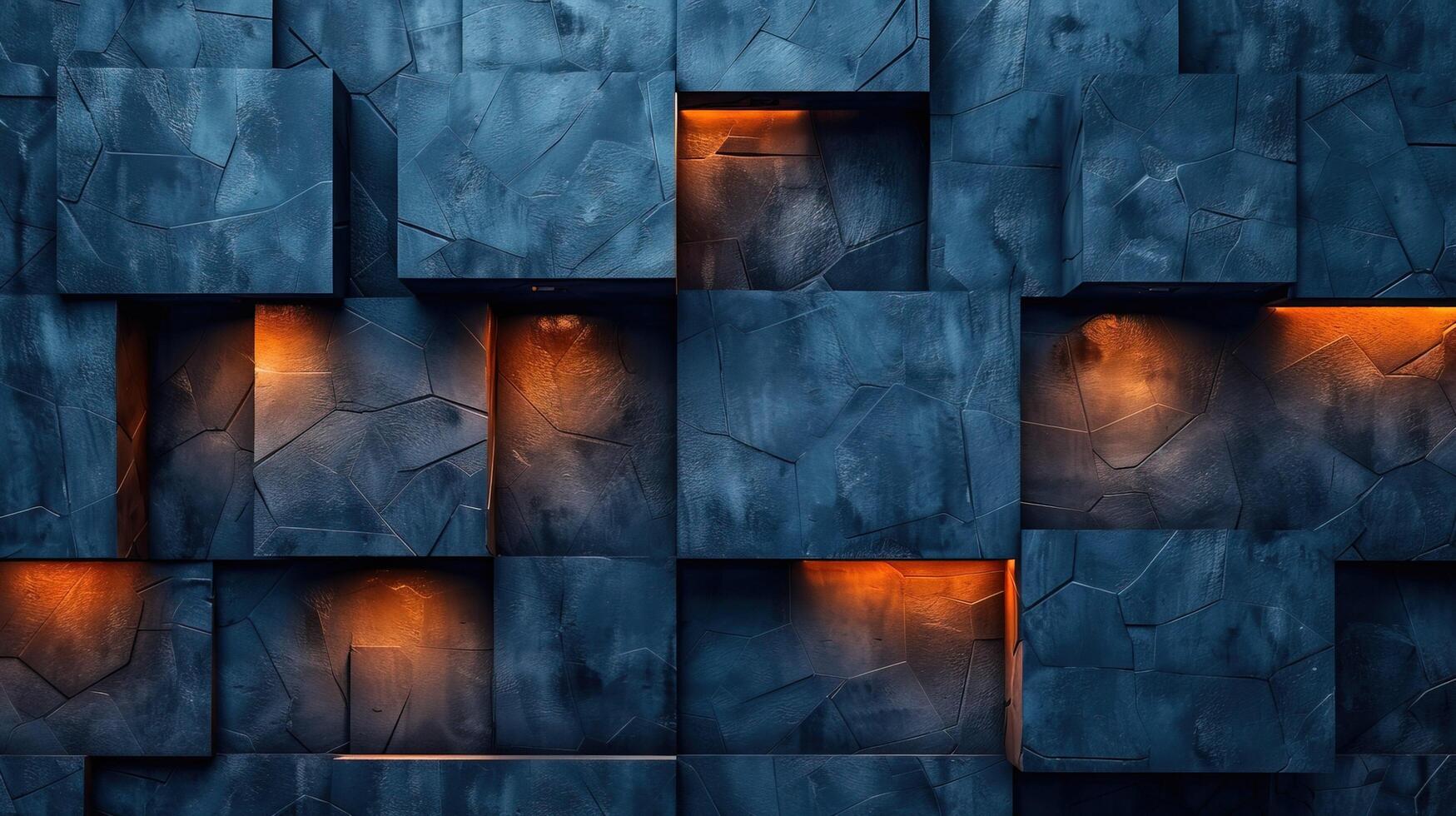 Illuminated Blue Stone Wall Texture with Warm Glowing Lights background , photo