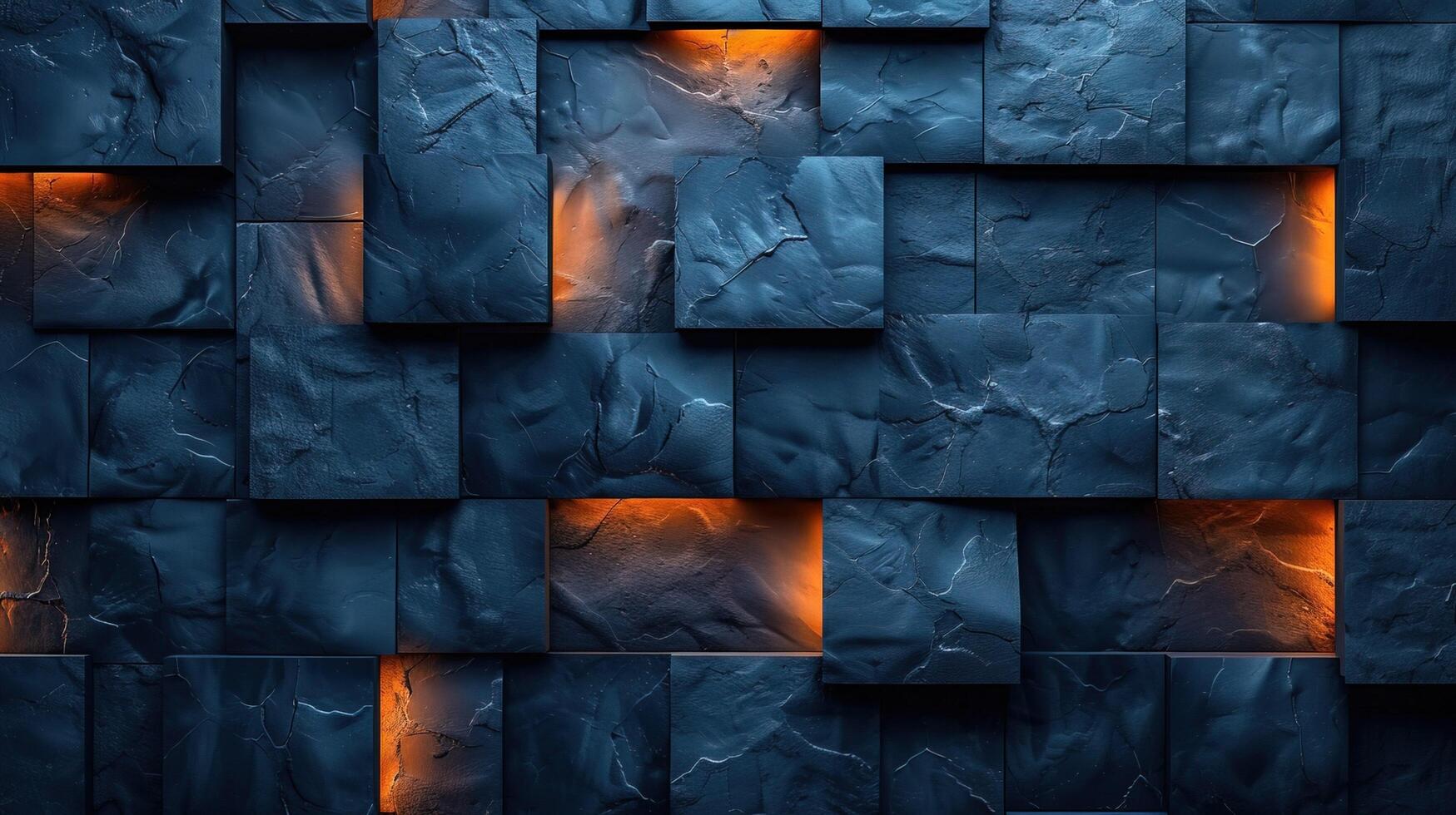 Illuminated Blue Stone Wall Texture with Warm Glowing Lights background , photo