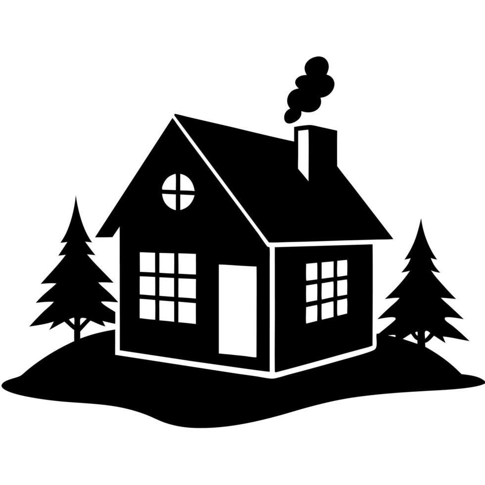 a black and white silhouette of a house with trees vector