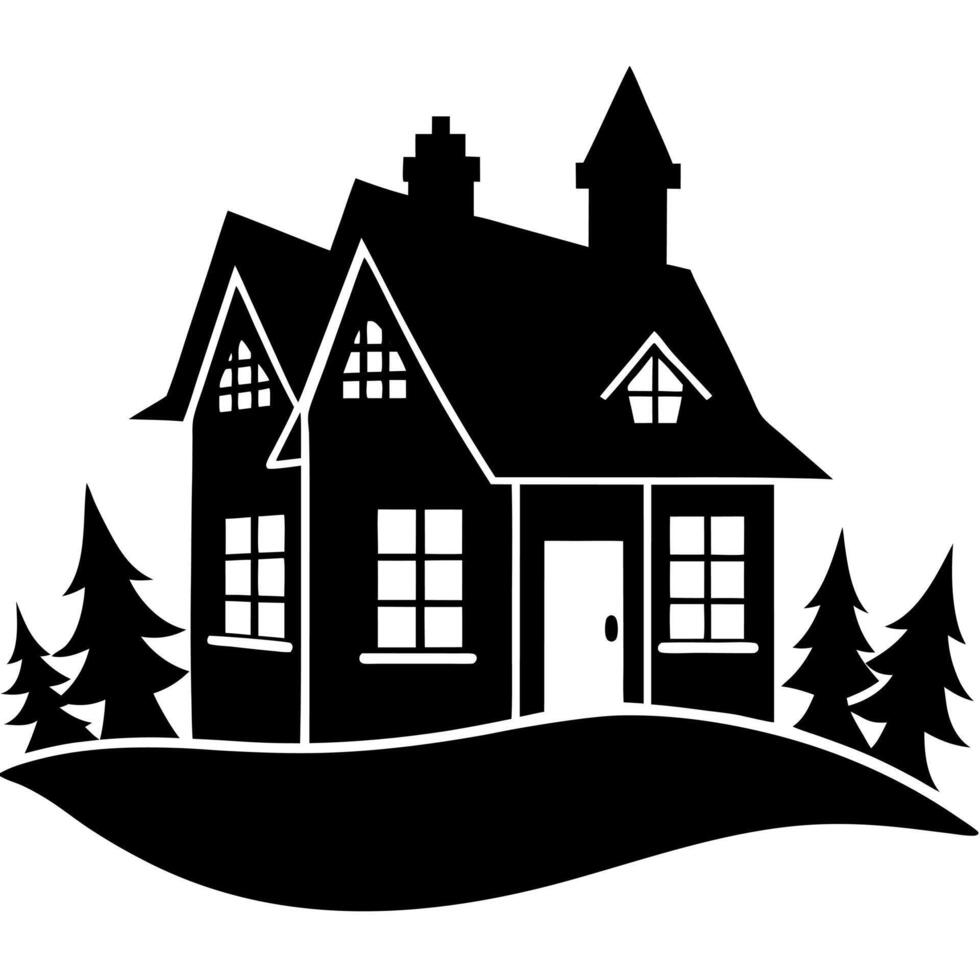a black and white silhouette of a house with trees vector