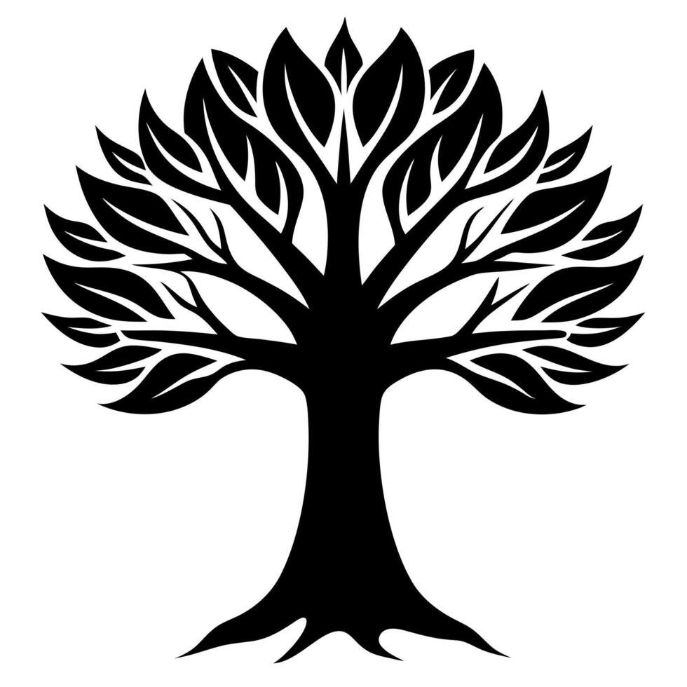 a black and white silhouette of a tree with leaves vector