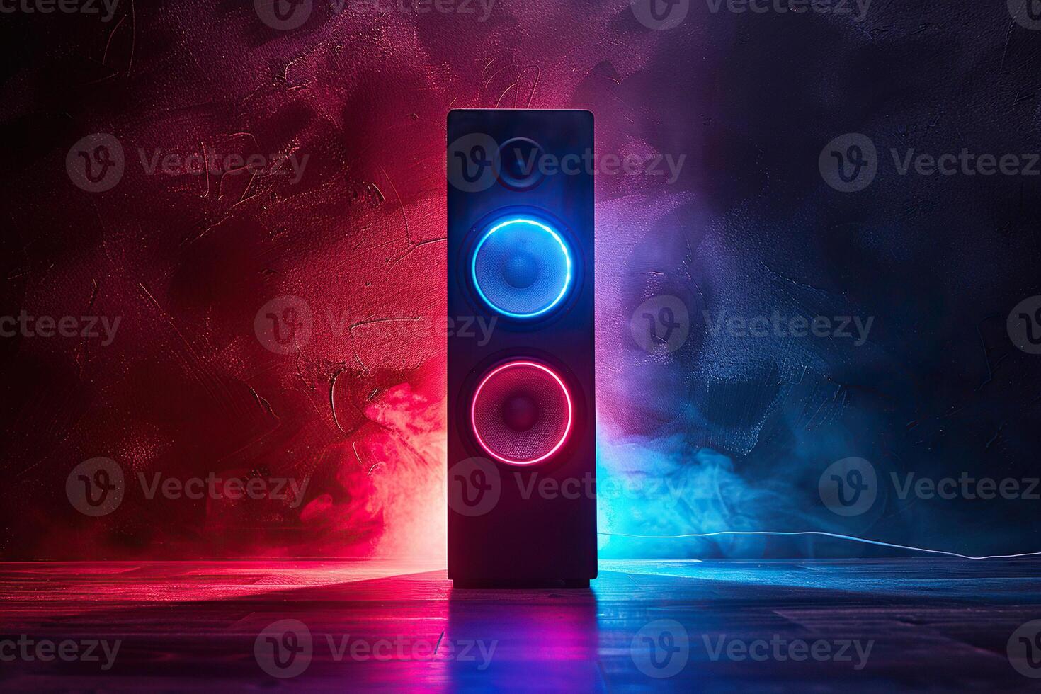 Music column, speaker in bright colored lighting. Music and sound concept. Generated by artificial intelligence photo