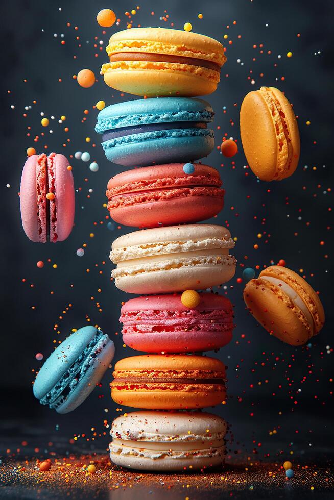 A tall stack of delicious macarons. Vertical background with a stack of delicious multi-colored macaroons. Generated by artificial intelligence photo