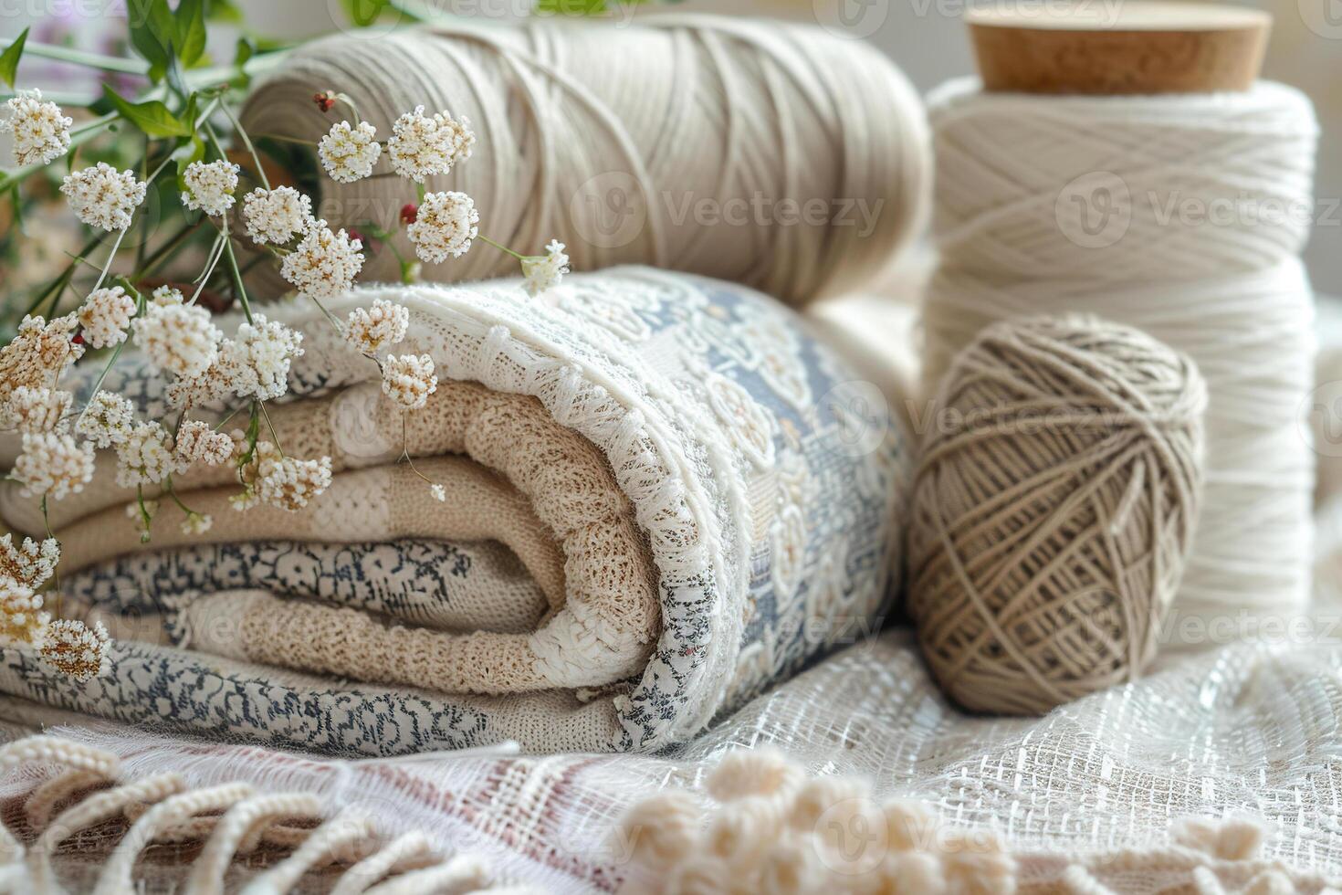 Spools of thread in natural shades on a textile bedspread. Authentic cozy background. Generated by artificial intelligence photo