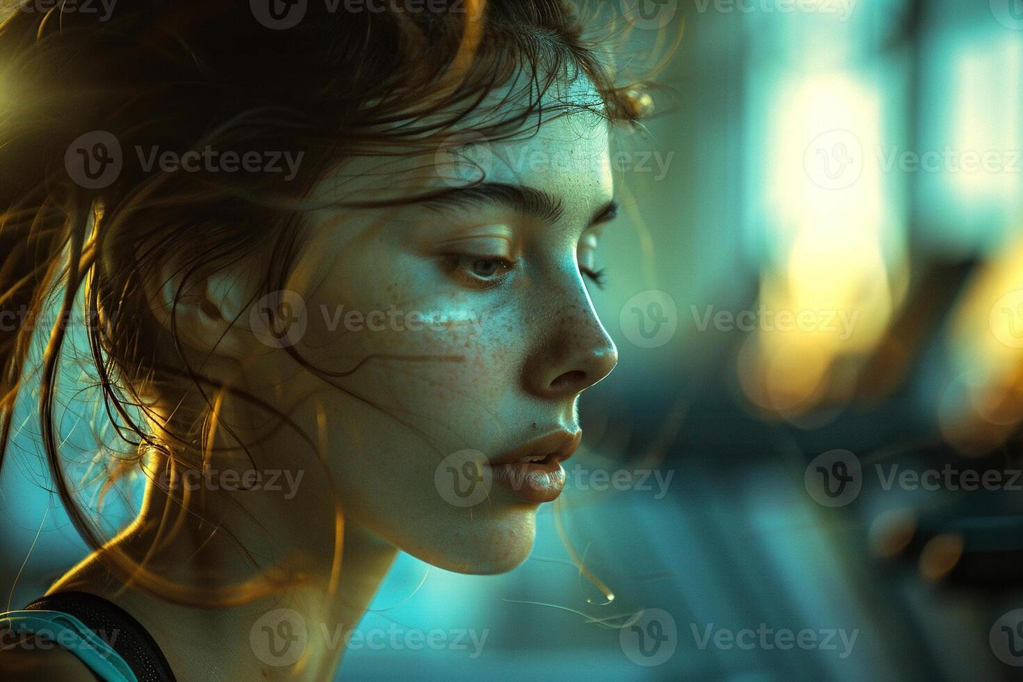 Close-up of a young woman in the gym with splashes of water in the background. Generated by artificial intelligence photo