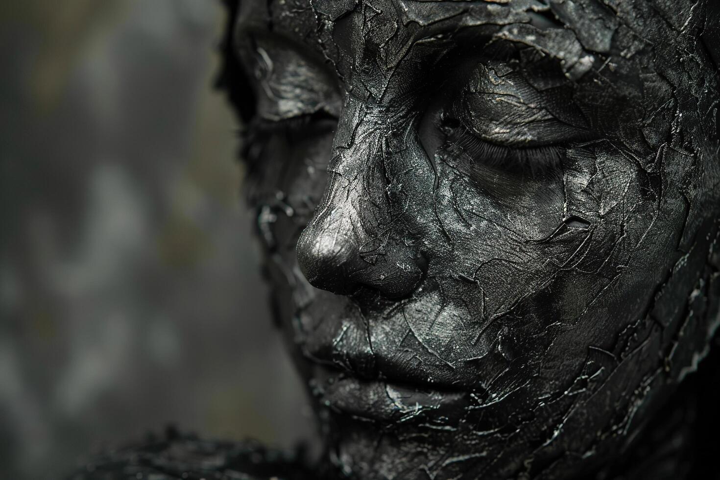 Face with closed eyes, covered with black paint. The concept of the unknown. Generated by artificial intelligence photo