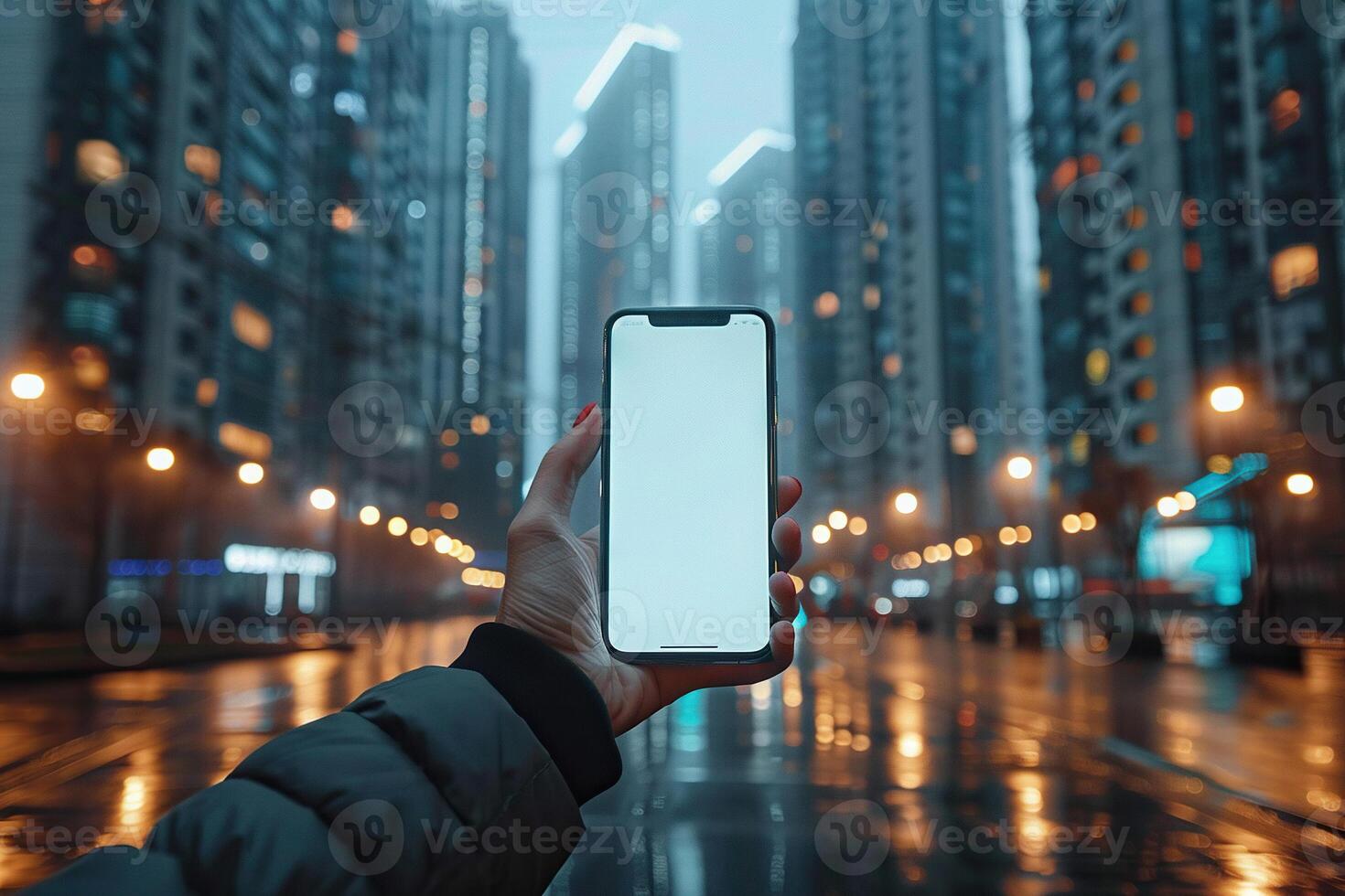 A man holds a smartphone in his hand on a city street in the evening. Generated by artificial intelligence photo
