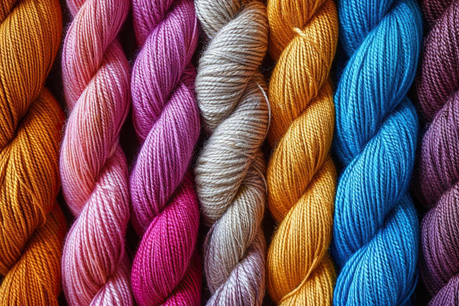 Ropes of colored threads. Horizontal background. Needlework, hobbies. Generated by artificial intelligence photo