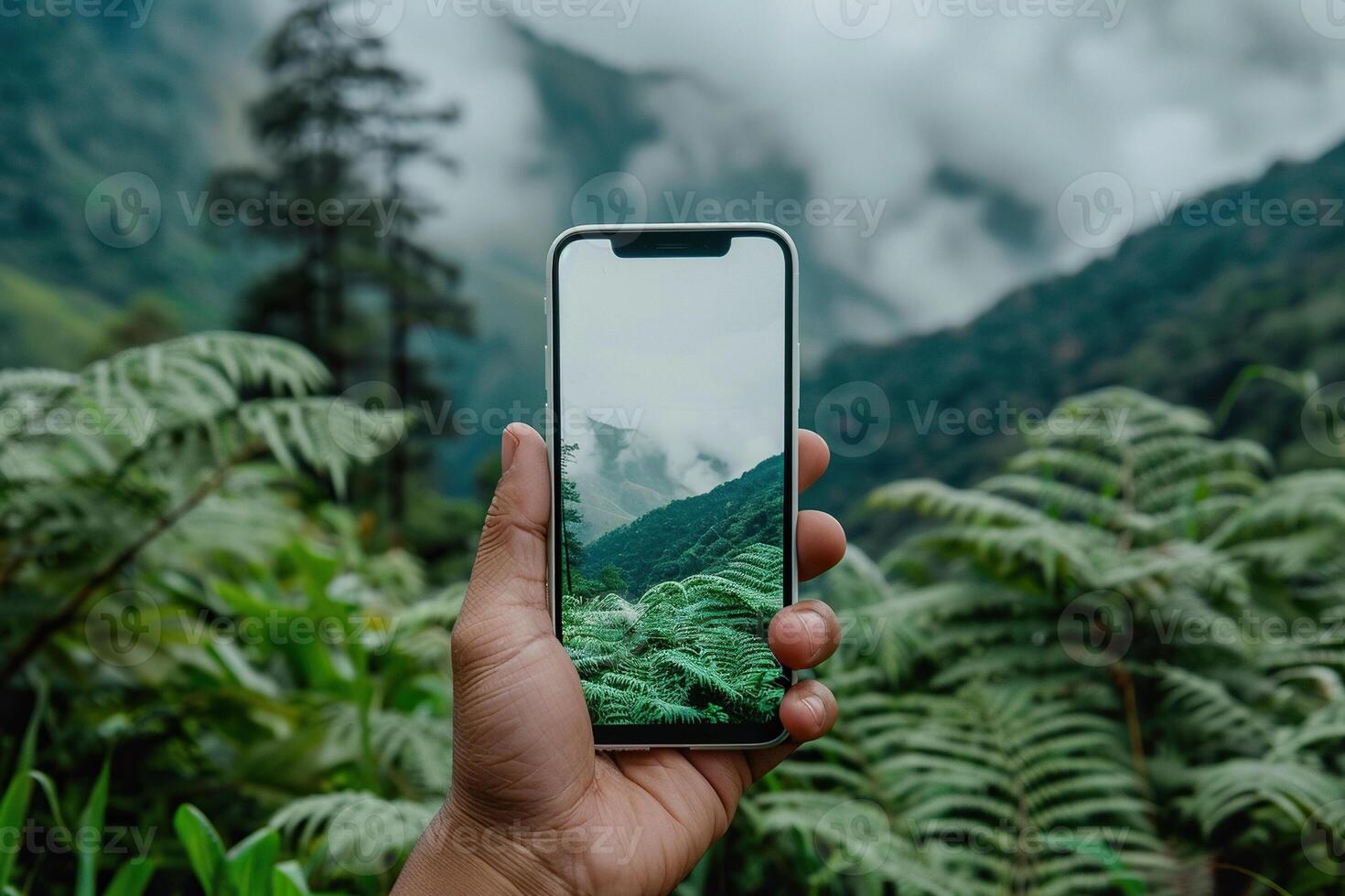Photographing a tropical landscape using a mobile smartphone. A hand uses a phone to photograph the beauty of nature. Generated by artificial intelligence photo