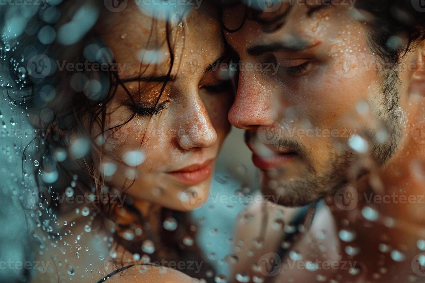Image of a couple in love behind wet glass. Relationship concept. Generated by artificial intelligence photo